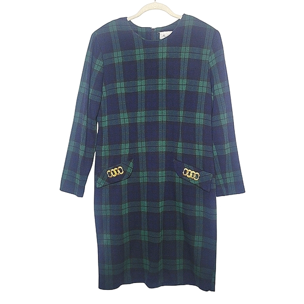 Miss Dorby Vintage Plaid Tartan Gold Buckle Accent Acrylic & Polyester Dress 10P